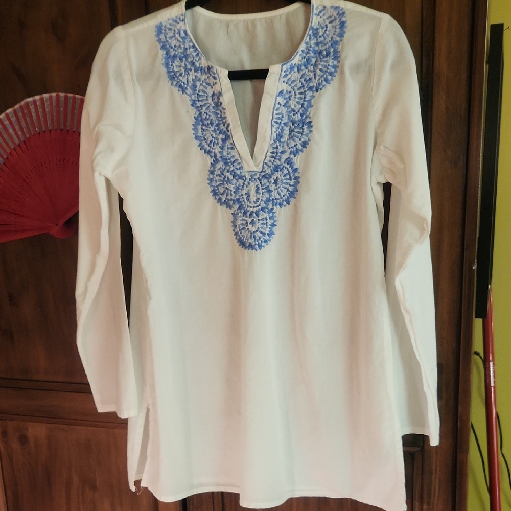 Embroidered White and Blue Women's Top